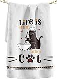 Miss Adola Cat Funny Kitchen Towels - 15x28 Inch Decorative Waffle Microfiber Dish Cloths Cute Absorbent Reusable Hand Tea Towels with Hanging Loop Black Cats Gift for Cat Lovers