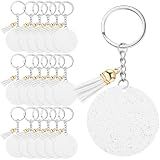 Sureio 20 Set Acrylic Keychain Blank with Key Rings 20 Pcs 1.97'' Glitter Acrylic Blanks 20 Pcs Keychain Tassels for DIY (White,Glittery)