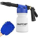 SwiftJet Car Wash Foam Gun + Microfiber Wash Mitt - Foam Cannon Works with Any Soap - Garden Hose Car Foam Sprayer - Car Wash Kit - Car Accessories Foam Blaster (Blue Foam Gun with Mitt)