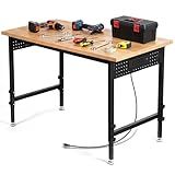 48" Adjustable Heavy Duty Workbench - 2000LBS Load Capacity Wood Work Table with Power Strip, Pegboard with 6 Hooks - Ideal Workbench for Garage, Workshop, Office, Home, Commercial Use