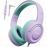 Kids Headphones with Cord for School - Over-Ear 85/94dB Volume Limiter, 3.5mm Jack Foldable Stereo Sound Headset for Toddlers Girls Boy Travel Learning Entertainment Tablet Kindle iPad PC Purple Green