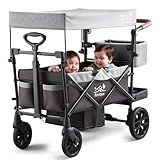 Wagon Stroller for 2 Kids, Premium Stroller Wagon for Kids with Removable Canopy, Safety Harness, Adjustable Handlebar & Storage Organizer, All-Terrain Foldable Baby Wagon for Outdoors