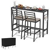 3Pcs Outdoor Patio Bar Set, 55" Rectangular Pub Height High Top Bar Table with 2 Cushioned Bar Stools & Cover, Metal Bar Table and Chairs Set for Outside, Patio, Balcony, Backyard, Porch, Deck