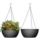 WSMKSZ 13 inch Large Hanging Planters Plant Pots for Outdoor Indoor Plants with Drainage Holes and Chain, 2 Pack Round Hanging Flower Pots for Garden Home Porch Decor, Black