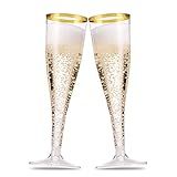 Munfix 100 Pack Gold Plastic Champagne Flutes, 5 Oz Clear Plastic Toasting Glasses Fancy Disposable Wedding Party Cocktail Cups with Gold Rim