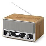 Vintage Wood AM FM Bluetooth Radio with Clock, Digital Clock Radio for Bedroom with LCD Display | 40 Presets | Sleep Timer | No Alarm, Retro Bluetooth Speaker for Office, Kitchen (Light Walnut)