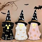 Byrita Halloween Decorations Indoor, Set of 3 Ceramic Halloween Ghosts with Witch Hats, Cute Spooky Lighted Decor Ghost Figurines Witch Hat Scary Pumpkin Bats Boo for Home Mantel Shelf Table Decor