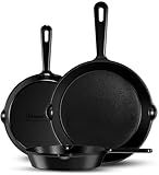 Utopia Kitchen Cast iron Skillets 3 Piece Set, Chefs Pan, Pre Seasoned Cast iron Skillets, 6, 8 & 10 Inches, Easy Use in the Oven, Stove, Grill, or Campfire, Black