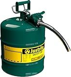 Justrite 5 Gallon Type II Green Safety Can for Oil with Flame Arrester, Self-Closing Lid, and 1" Flexible Metal Spout, Made in the USA, Galvanized Steel Flammable Storage Can, 7250430