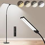 LED Floor Lamp for Living Room, Bright Reading Lamps for Office, Adjustable Colors Temperatures&Brightness, Dual Head Goose-Neck Standing Lamp, Remote and Button Control, Eye Caring Tall Lamp, Black