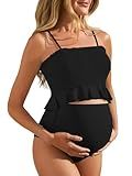 Summer Mae Maternity High Waist Swimsuit Ruffle Hem Bikini Bathing Suit Shirred Bandeau Two Piece Pregnancy Swimwear Black X-Large
