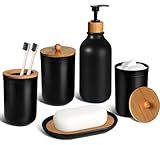 Black Bathroom Accessories Set 5 Pcs, Matte Black Bathroom Accessories, Plastic Soap Dispenser and Toothbrush Holder Set, Soap Dish, Cotton Swab Jar, Black Bathroom Set, Boho Bathroom Decor