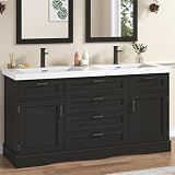 59" Bathroom Vanities Cabinet with Double Sink Combo,Modern Undermount Vanity Sink Cabinet with 2 Storage Doors and 3 Drawers,High Freestanding Bathroom Storage Cabinet with 3 Flip-top Drawers(Black)