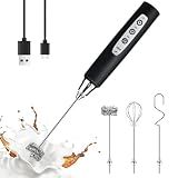 YUSWKO Handheld Milk Frother Wand for Coffee, Rechargeable Electric Whisk with 3 Heads 3 Speeds Drink Mixer Coffee Frother For Latte, Cappuccino, Hot Chocolate, Egg, Black