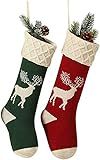 Guojanfon Christmas Stockings,Big Size 2Pack 18-Inch Extra Long Hand-Knitted Red/Green Reindeer Snowflakes Xmas Character for Family Holiday Season Decor