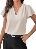 EVALESS Womens Tops Trendy 2026 Summer Ruffle Short Sleeve Pleated V Neck Work Business Blouses Dressy Casual Beige M