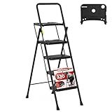 HBTower Step Ladder, Folding Step Stool with Wide Anti-Slip Pedal, Sturdy Steel Ladder, Convenient Handrail, Lightweight, Portable Steel Step Stool
