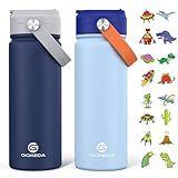 GoKEDA 18oz Kids Water Bottle, 2 Pack Insulated Bottles with Stickers, 18/8 Stainless Steel Vacuum Leak Proof Straw Cup for School, Gifts for Boys(Light Blue, Dark Blue)