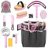 Abbylike 12 Pieces Horse Grooming Kit with Organizer Tote Bag Tack Room Supplies Horse Brush Sets Equine Care Cleaning Kit Shedding Grooming Massaging Tools(Pink and Grey)
