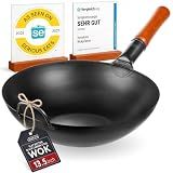 YOSUKATA 13.5" Carbon Steel Wok Pan – Pre-Seasoned Flat Bottom Pow Wok for Stir Fry, BBQ, Grill & Camping – Traditional Japanese Chinese Cookware – Compatible with Induction, Electric, Gas, Open Fire