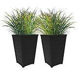 Keter Set of 2 Resin Modern Outdoor 22 Inch Tall Large Flower Pots, Tapered Wood Look Planters for Outdoor Plants and Front Porch Decor, Graphite