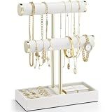 VLANDO 2 Tier Bracelet Holder with Tray - Leather Jewelry Stand Organizer for Women - Necklace Holder Display for Necklace, Watches, Rings, Earrings, Bangle, Scrunchie - White