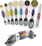 ChefAide Pack of 8 Stainless Steel Magnetic Measuring Spoons Set, Dual Sided, Stackable, Adjustable Teaspoon and Tablespoon Measure Spoon with Leveler, Kitchen Gadgets