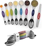 ChefAide Pack of 8 Stainless Steel Magnetic Measuring Spoons Set, Dual Sided, Stackable, Adjustable Teaspoon and Tablespoon Measure Spoon with Leveler, Kitchen Gadgets
