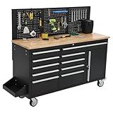GAOMON 61-inch Rolling Tool Chest, 10 Drawers Garage Workbench Storage Tool Cabinet with Power Strip, Solid Rubber Wood Top, 1675 LBS Load Mobile Workstation, Heavy Duty Rolling Cabinet