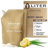Terra Pure Spa Collection 1 Liter Body Wash Refill Bag For Soap Dispensers | Bulk Toiletries for Vacation Rentals, and Home Bathroom Showers | Green Tea Lemongrass | Single