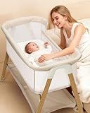 JevrJeur Baby Bassinet, Bedside Bassinet for Baby, Bassinet Bedside Sleeper with Mattress, Storage Basket and 4 Auto-Lock Wheels, Full-Mesh Sides, Bedside Mini Crib for Newborn (Beige)