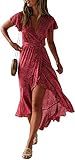 ZESICA Women's 2025 Bohemian Floral Printed Wrap V Neck Short Sleeve Split Beach Party Maxi Dress,Urban Redfloral,Medium