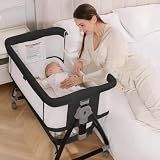Baby Bassinet, 3-in-1 Bedside Bassinets for Baby, Bassinet Sleeper with Wheels, Baby Bedside Crib with Breathable Mesh, Mosquito Net, 6 Height Adjustable, Large Storage Basket, Easy Assemble & Folding