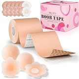 Mksoul Boob Tape for Breast Lift - 3" x 16.4ft Body Tape for Large Breasts A-G Cup, 17 Pcs Kit with Reusable Silicone Nipple Covers & Satin Petals, Invisible Breast Tape for Backless Dress & Swimsuit