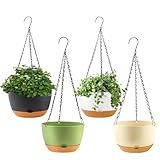 KPUVX 4 Pack Hanging Planter for Plants Indoor,8 Inch Plant Pot Outdoor Plastic Hanging Baskets with Drainage Holes and Chain for Garden Porch Plants(White+Black+Green+Beige)