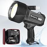FORTO Rechargeable Spotlight 10,000 Lumen Ultra Bright IPX7 Waterproof Flashlight, Boat Spotlight with EVA Carrying Case Tripod, 7 Light Modes Handheld Spotlight Flashlight for Marine Boat Hunting