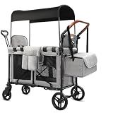 Wagon Stroller for 2 Kids, Foldable All-Terrain Wagon for Kids with Canopy, Adjustable Push and Pull Handles,Convertible High Seat & Organizer, 5 Point Harness (Gray)