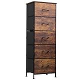 WLIVE Fabric Dresser, 5-Drawer Tall Dresser for Bedroom, Storage Organizer with Fabric Bins, Wood Top, Sturdy Steel Frame, Chest of Drawers for Closet, Hallway, Rustic Brown Wood Grain Print
