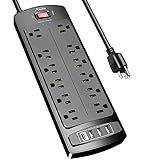 Power Strip, ALESTOR Surge Protector with 12 Outlets and 4 USB Ports, 6 Feet Extension Cord, 2700 Joules, ETL Listed, Black