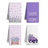 Vetoxka 4 Pcs Lavender Summer Kitchen Towel Set Funny Housewife Farmhouse Rustic Bath Hand Towel for Holiday Bathroom Gift, 24 x 16 Inches(Purple,Lavender)