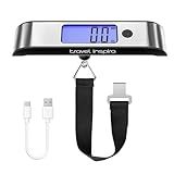 travel inspira Rechargeable Luggage Scale 110lb/50kg - Large Backlit Display - Stainless Steel - Portable Digital Hanging Scale for Suitcases, Bags, Packages (USB -C Charging Included)