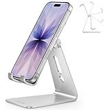 Adjustable Cell Phone Stand, OMOTON Aluminum Desktop Cellphone Stand with Anti-Slip Base and Convenient Charging Port, Fits All Smart Phones, Silver