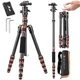 K&F Concept 60 inch Carbon Fiber Camera Tripod,Super Lightweight Compact Travel Tripod with 360 Degree Ball Head,Quick Release Plate,Detachable Monopod 8KG Load Capacity for SLR DSLR C225C0 (BA225)