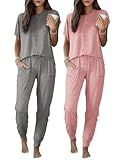 Ekouaer 2 pack Pajama Sets for Womens Jogger Pants Pjs Short Sleeves Lounge Set Soft Sleepwear with Pockets Grey and Pink M