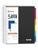 SUNEE Spiral Notebooks for Work with Removable Dividers & Tabs – College Ruled 5 Subject, 300 Pages, 3 Hole Punched, Durable PP Cover, 8"x10.5" – Notebooks for Office or School, Black