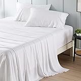 Bedsure Queen Sheet Set, Cooling Sheets for Queen Size Bed Set, Rayon Derived from Bamboo, Breathable & Soft, Deep Pocket Up to 16 Inches, Hotel Luxury Silky Bedding for Hot Sleepers, White