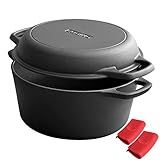 EDGING CASTING 2-in-1 Pre-Seasoned Cast Iron Dutch Oven Pot with Skillet Lid Cooking Pan, Cast Iron Skillet Cookware Pan Set with Dual Handles Indoor Outdoor for Bread, Frying, Baking, Camping, BBQ, 5QT