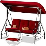 Porch Swing - 3-Seat Patio Outdoor Swing with Canopy for Adultes, Convertible Glider Bed, Thick Removable Cushions & Pillows for Backyard, Porch, Garden - Burgundy