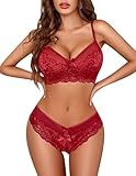 Avidlove Womens Lingerie Set Lace Bra and Panty Outfits Strappy Babydoll Set Wine Red L