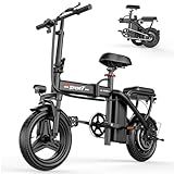 GWEIT Electric Bike for Adults Teens, 800/1200W Peak Folding Ebike, 22/25MPH & 30/45 Miles Range, 14" Commuting Ebike with Dual Suspension & Dual Brake, 3-Speed Modes, Portable Electric Mini Bike